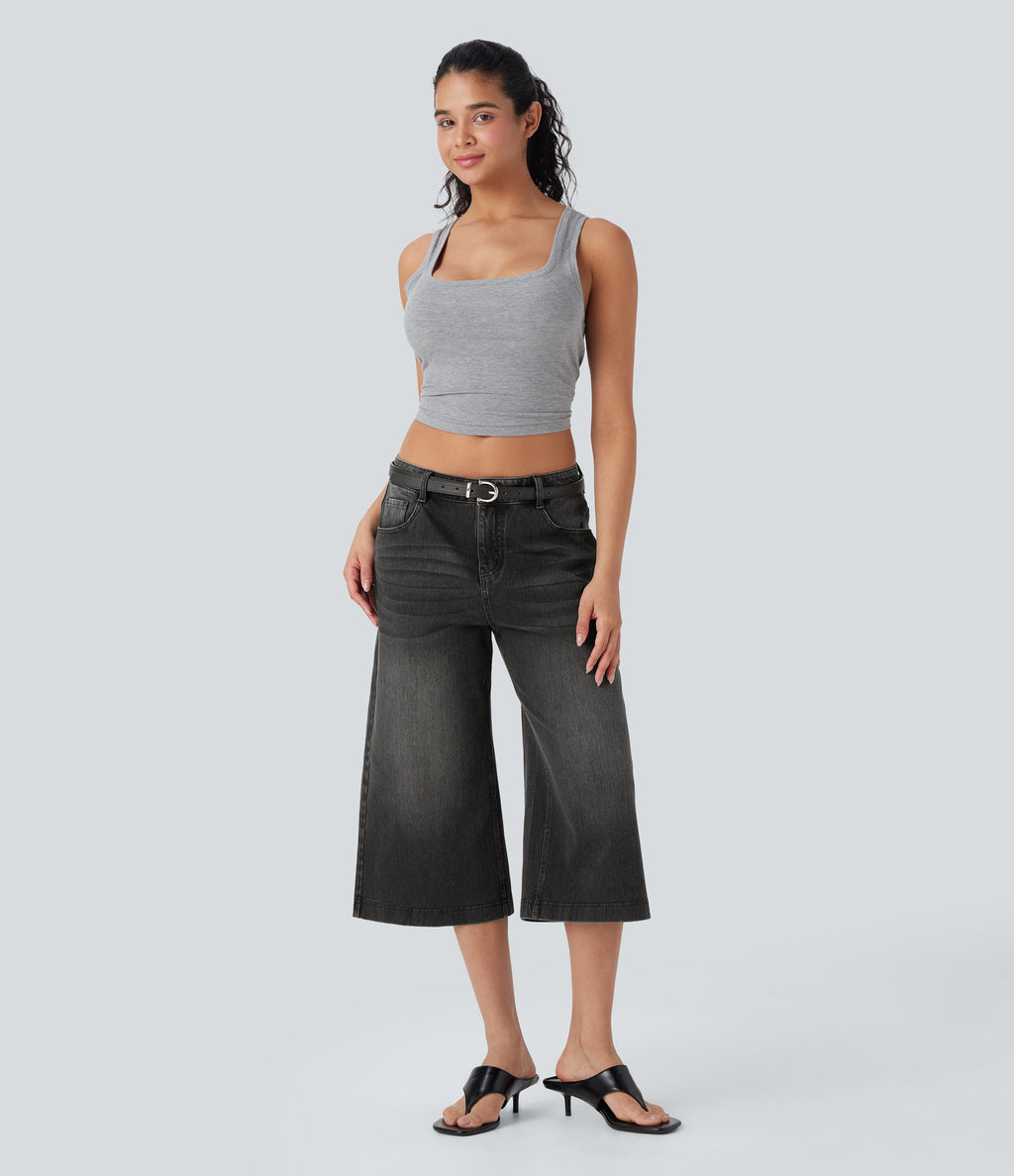 FlexTM Low Rise Washed Casual Capri Baggy Jeans with Pockets