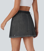 FlexTM High Waisted 2-in-1 Cool Touch Washed Denim Mini Tennis Skirt with Pocket