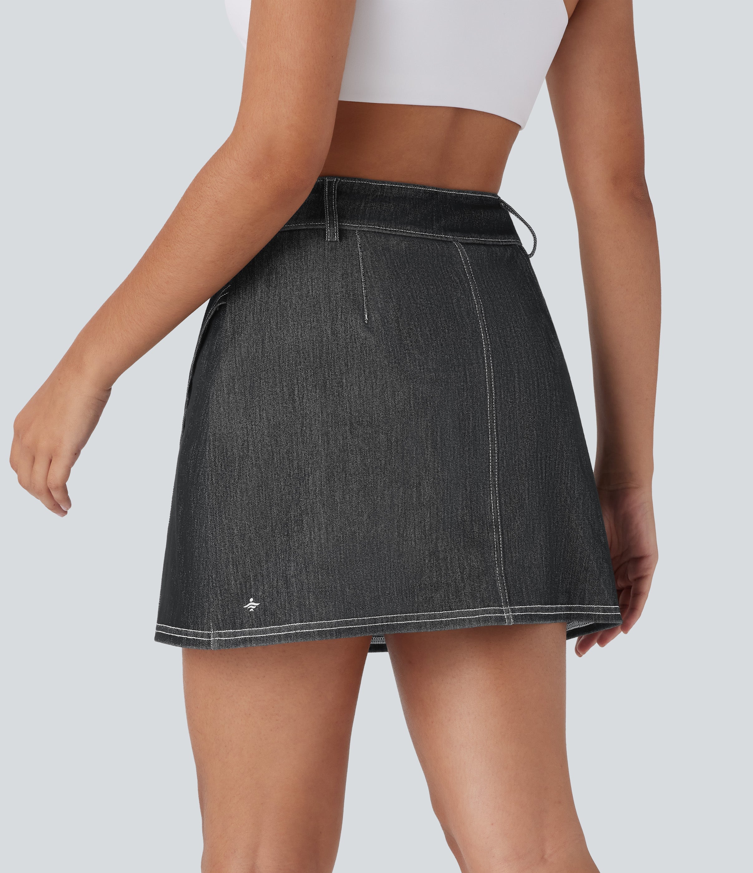 FlexTM High Waisted 2-in-1 Cool Touch Washed Denim Mini Tennis Skirt with Pocket
