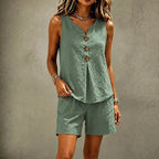 Solavia – Linen-Look 2 Piece Set, Sleeveless Button Top and Relaxed Shorts, Summer Matching Set for Women