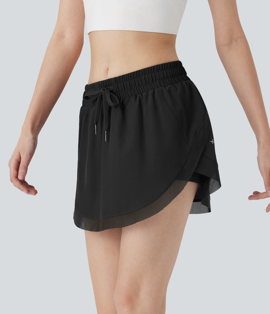 Mid Rise Drawstring 2-in-1 Contrast Mesh Mini Tennis Skirt with Pockets