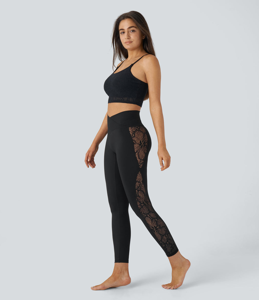 SoftlyZeroTM High Waisted Crossover Contrast Lace Built-in Underwear Yoga Leggings with Pocket-UPF50+