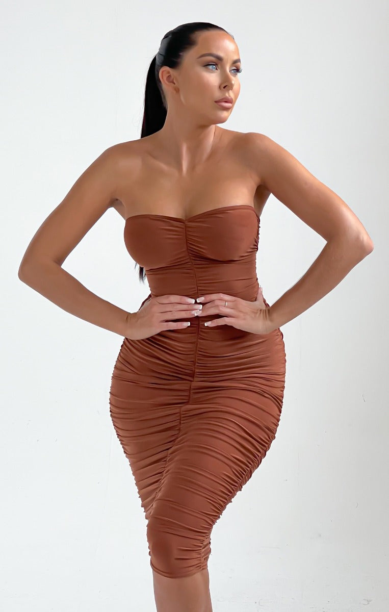 Strapless Ruched Midi Dress