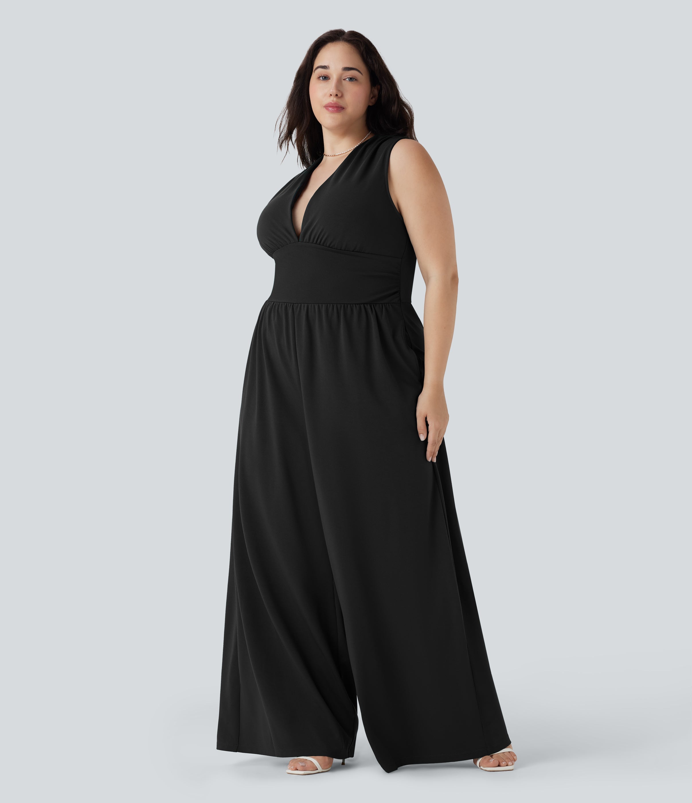 Plus Size V Neck Sleeveless Jumpsuit with Pockets-Easy Peezy Edition