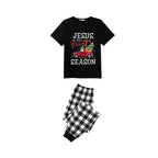 Couple Black and White Plaid Christmas Short Sleeve Pajamas Set With "Jesus is the Reason for the Season" Text Print
