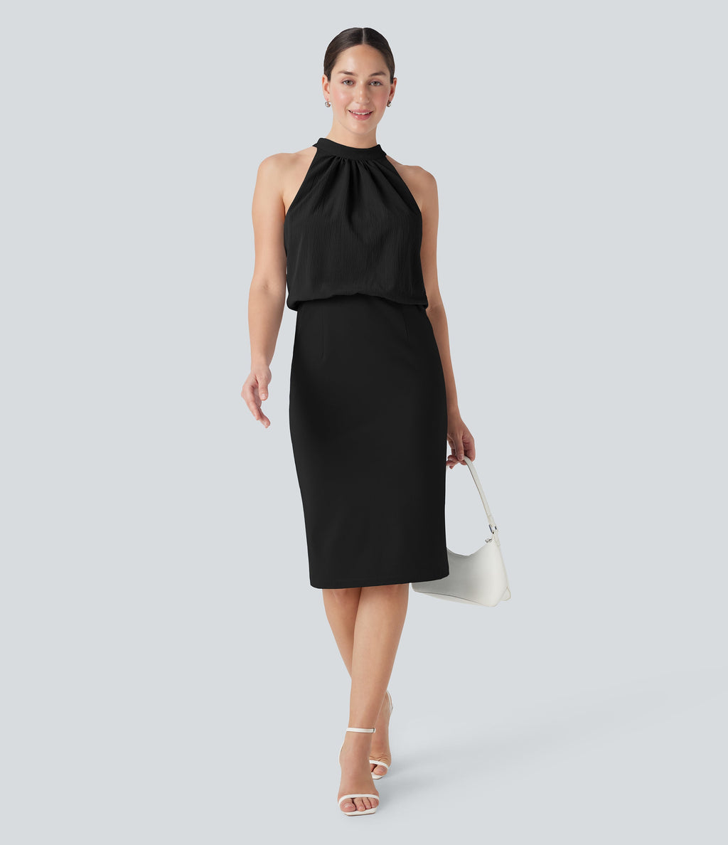 SoftlyZeroTM Airy Halter Tie Back Cool Touch Midi Work Dress with Pockets-UPF50+