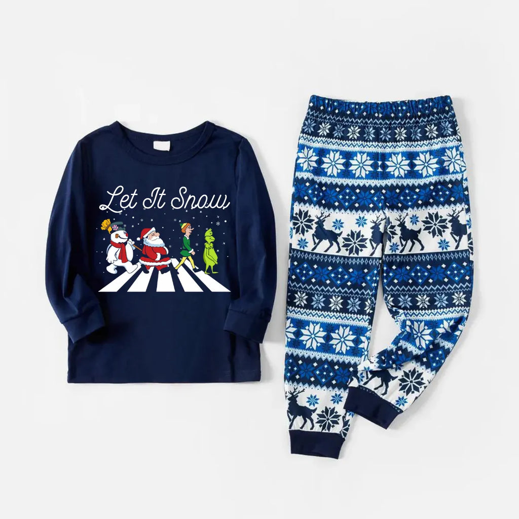 Joyful Blue Christmas Pajamas Set With Santa Claus and Cartoon Pattern Print
