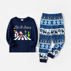 Joyful Blue Christmas Pajamas Set With Santa Claus and Cartoon Pattern Print