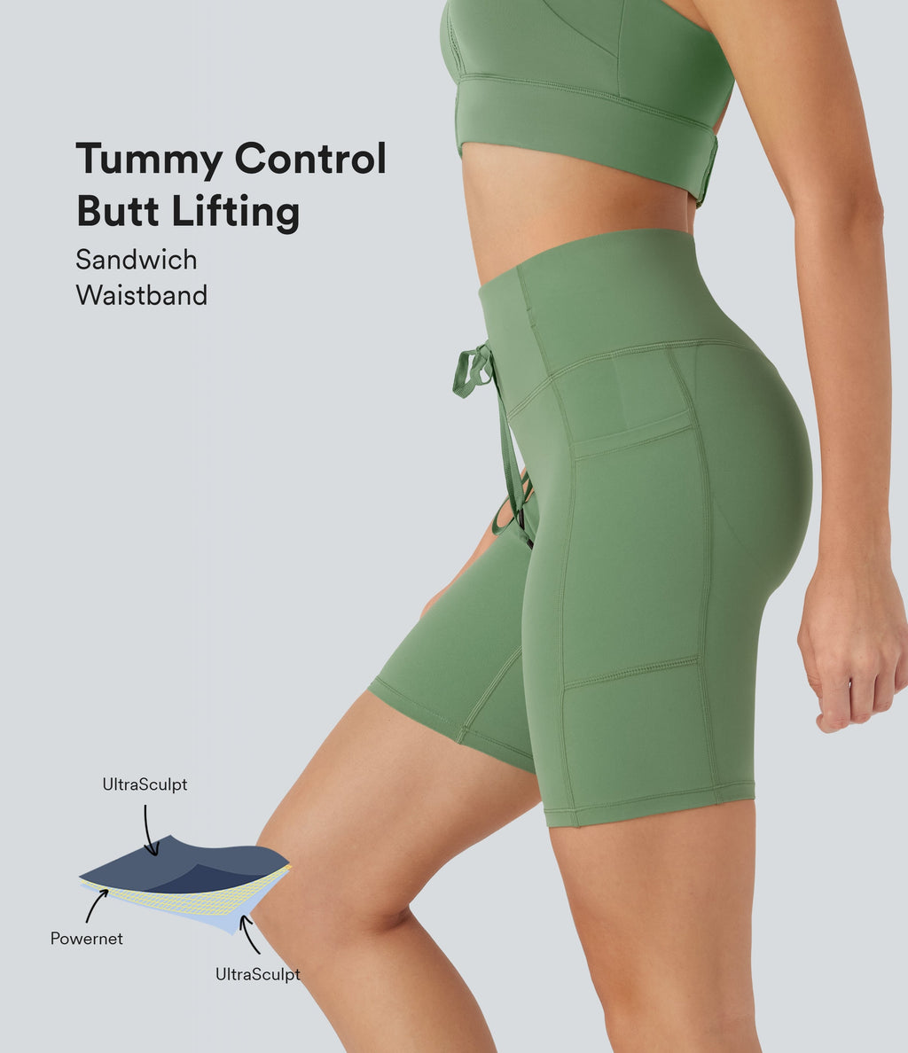 UltraSculptTM SoCinched High Waisted Butt Lifting Tummy Control Loop Running Biker Shorts 7'' with Pockets
