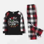 "2025 Christmas CREW " Text Printed Pattern - Black Top with Red&Black&White Plaid Sleeves - Family Matching Pajamas