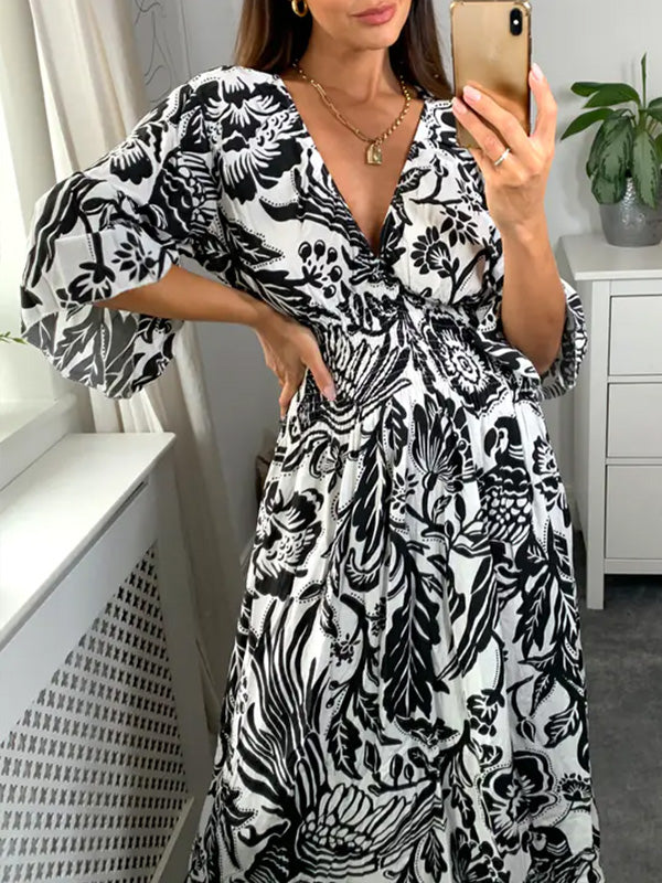 NEW🔥 V Neck Elastic Waist Printed Dress