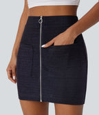 High Waisted Zipper Bodycon Metallic Mini Casual Skirt with Pockets