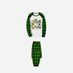 Christmas Cartoon Family Christmas Pajamas Set - White Top with Green Plaid Sleeves and Green Plaid Pants and “Jesus is the Reason” Design