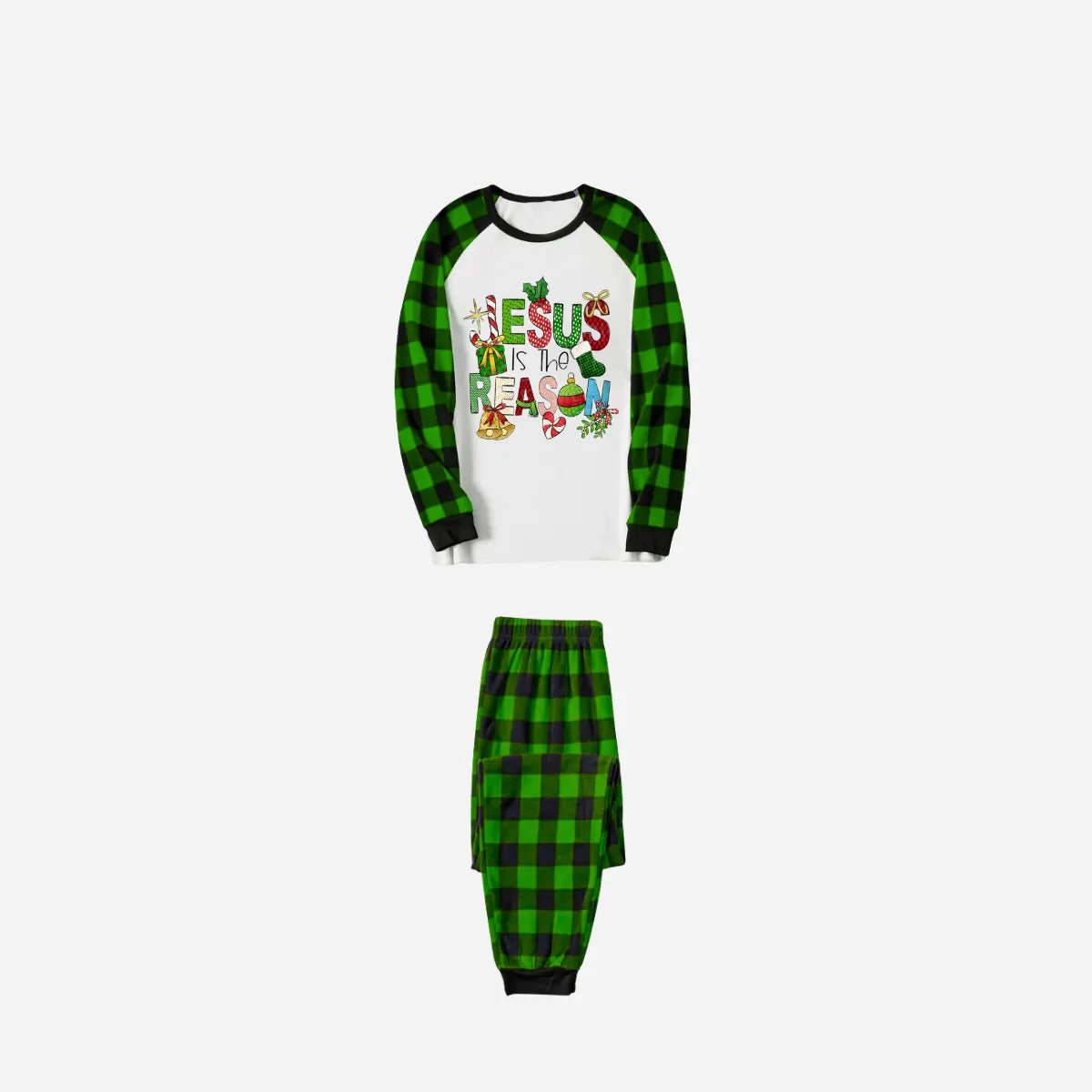 Christmas Cartoon Family Christmas Pajamas Set - White Top with Green Plaid Sleeves and Green Plaid Pants and “Jesus is the Reason” Design