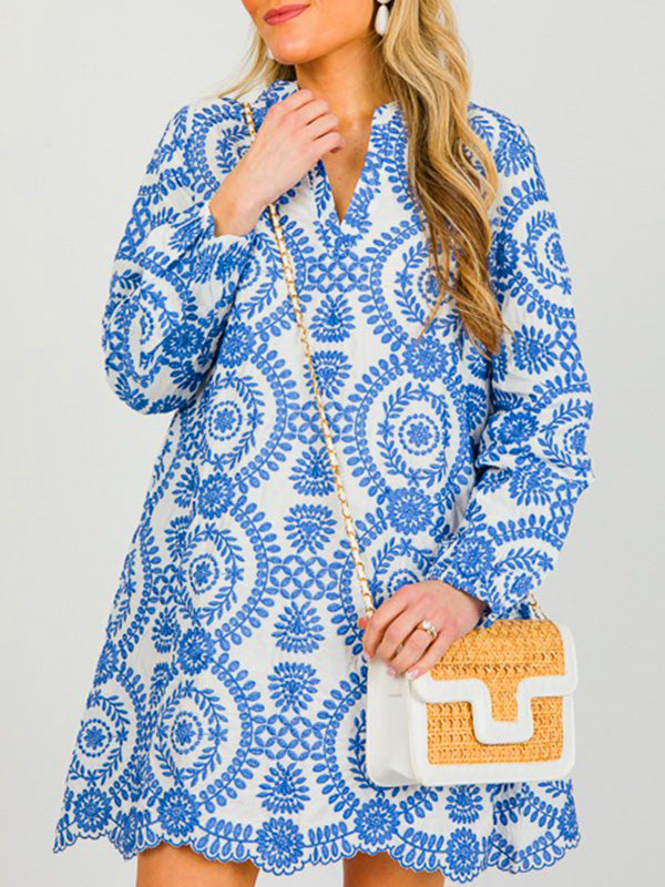 NEW🔥 Printed Lace Trim V Neck Shirt Dress