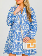 NEW🔥 Printed Lace Trim V Neck Shirt Dress
