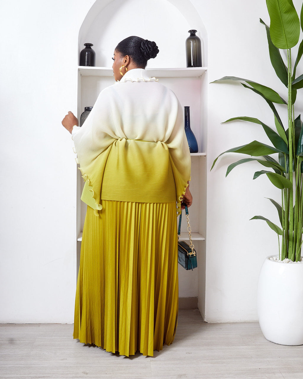 IVORY X OLIVE RUFFLE DETAIL BATWING TOP X PLEATED SKIRT MIYAKI SUIT SET