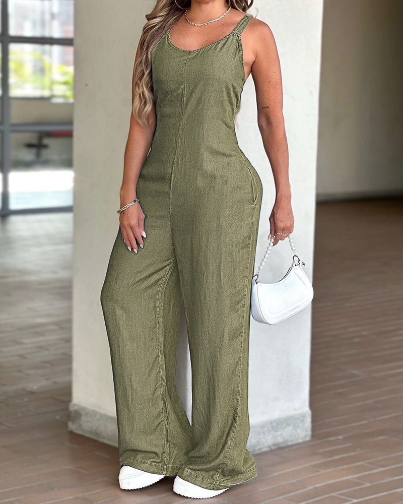 V-Neck Adjustable Thick Straps Denim Overalls Casual Shirred Back Wide Leg Suspender Jumpsuit