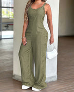 V-Neck Adjustable Thick Straps Denim Overalls Casual Shirred Back Wide Leg Suspender Jumpsuit