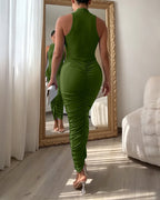 Women's Mock Neck Sleeveless Ruched Bodycon Dress Sexy Racerback Slit Slim Fit Party Dress