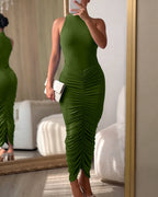 Women's Mock Neck Sleeveless Ruched Bodycon Dress Sexy Racerback Slit Slim Fit Party Dress