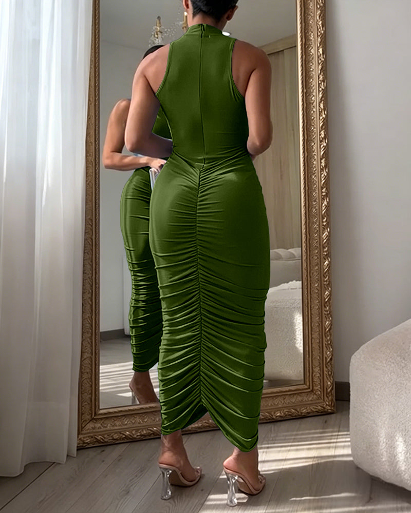Women's Mock Neck Sleeveless Ruched Bodycon Dress Sexy Racerback Slit Slim Fit Party Dress