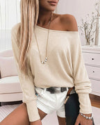 Women's Convertible Shoulder Batwing Sleeve Top Long Sleeve Loose Fit Casual Knit Tee