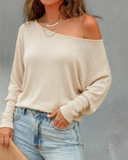 Women's Convertible Shoulder Batwing Sleeve Top Long Sleeve Loose Fit Casual Knit Tee