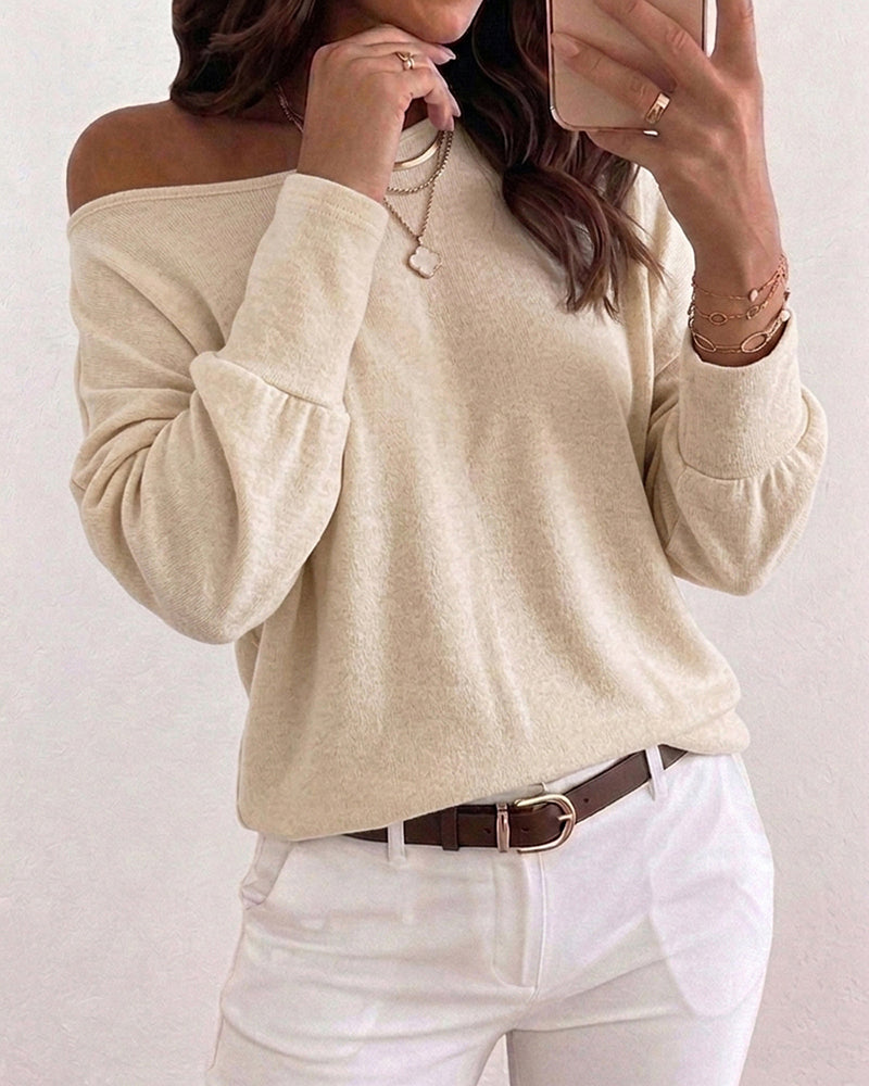 Women's Convertible Shoulder Batwing Sleeve Top Long Sleeve Loose Fit Casual Knit Tee