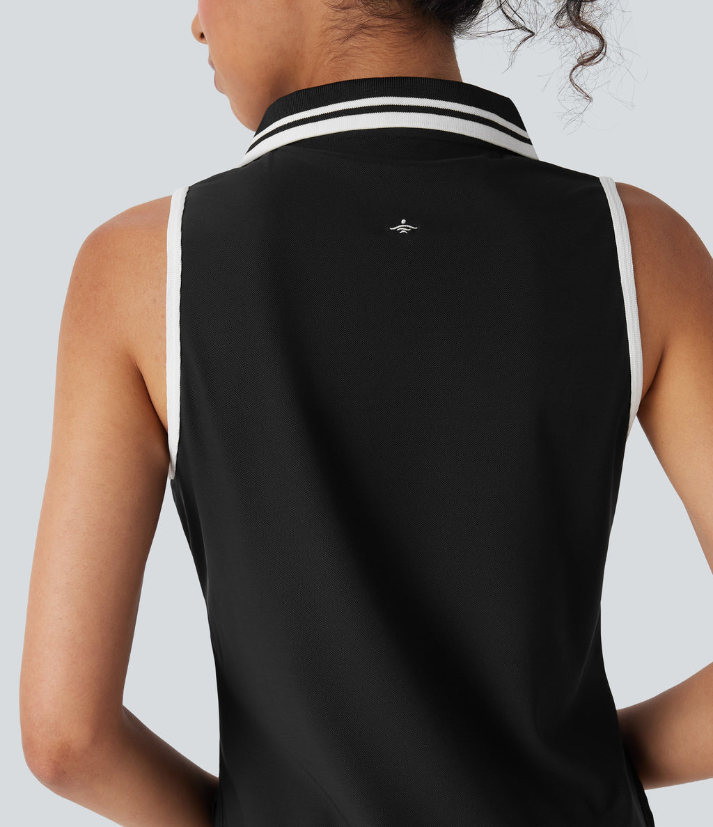 Color Block Polo V Neck Sleeveless Quick Dry Casual Top-UPF50+