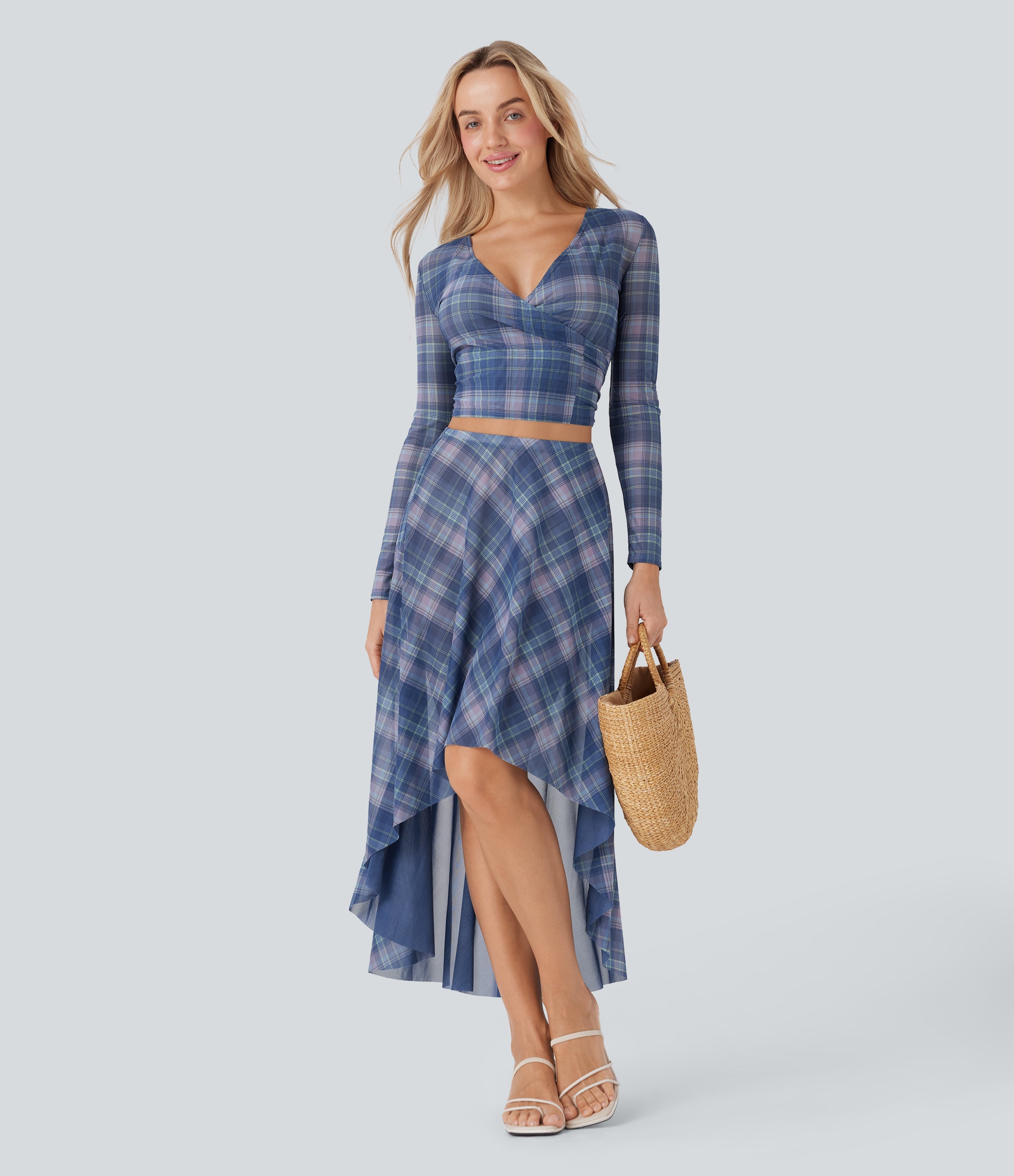 Sheer Mesh High-Waisted High-Low Plaid Maxi Flowy Skirt