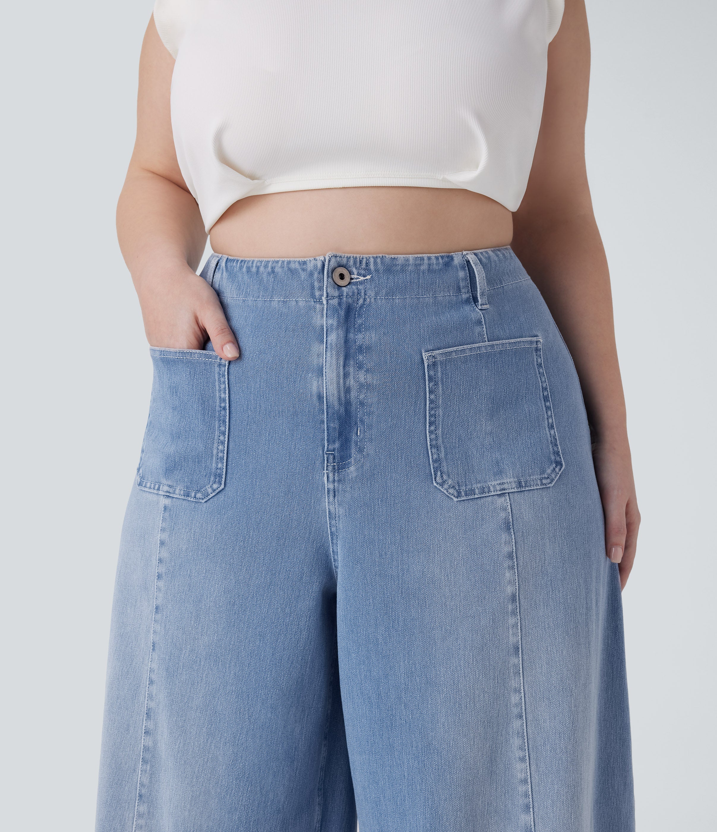 FlexTM High Waisted Pockets Washed Casual Wide Leg Plus Size Jeans