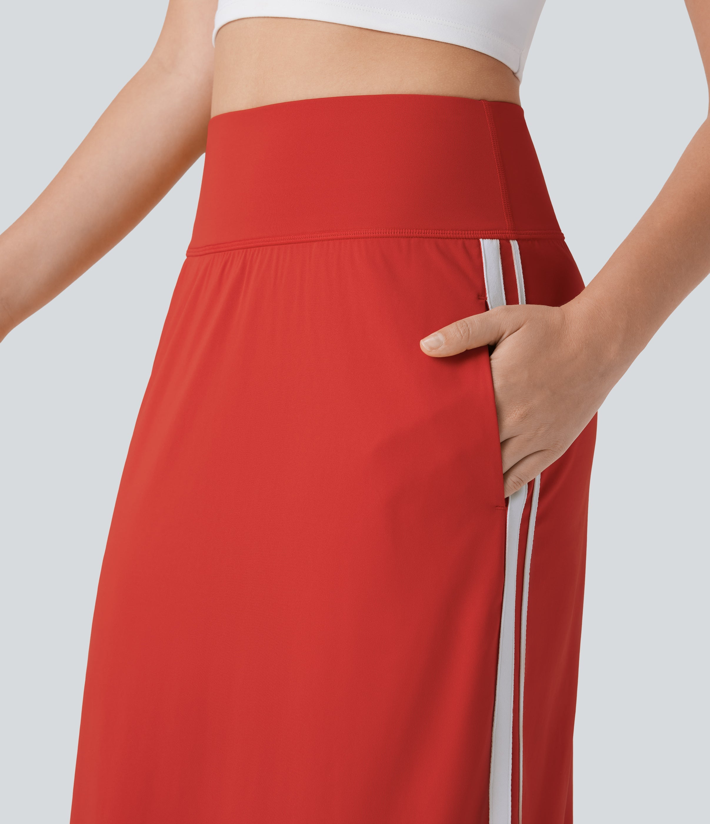 SoftlyZeroTM QuickDry SoCinched High Waisted Tummy Control 2-in-1 Color Block Midi Workout Skirt with Pockets