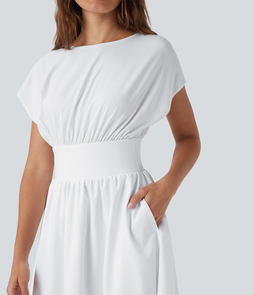 BreezefulTM Batwing Short Sleeve Flowy Quick Dry Mini Work Dress with Pockets
