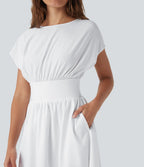 BreezefulTM Batwing Short Sleeve Flowy Quick Dry Mini Work Dress with Pockets