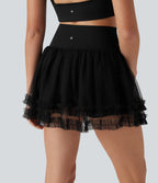 SoCinched High Waisted Tummy Control Contrast Mesh 2-in-1 Mini Dance Skirt with Pockets