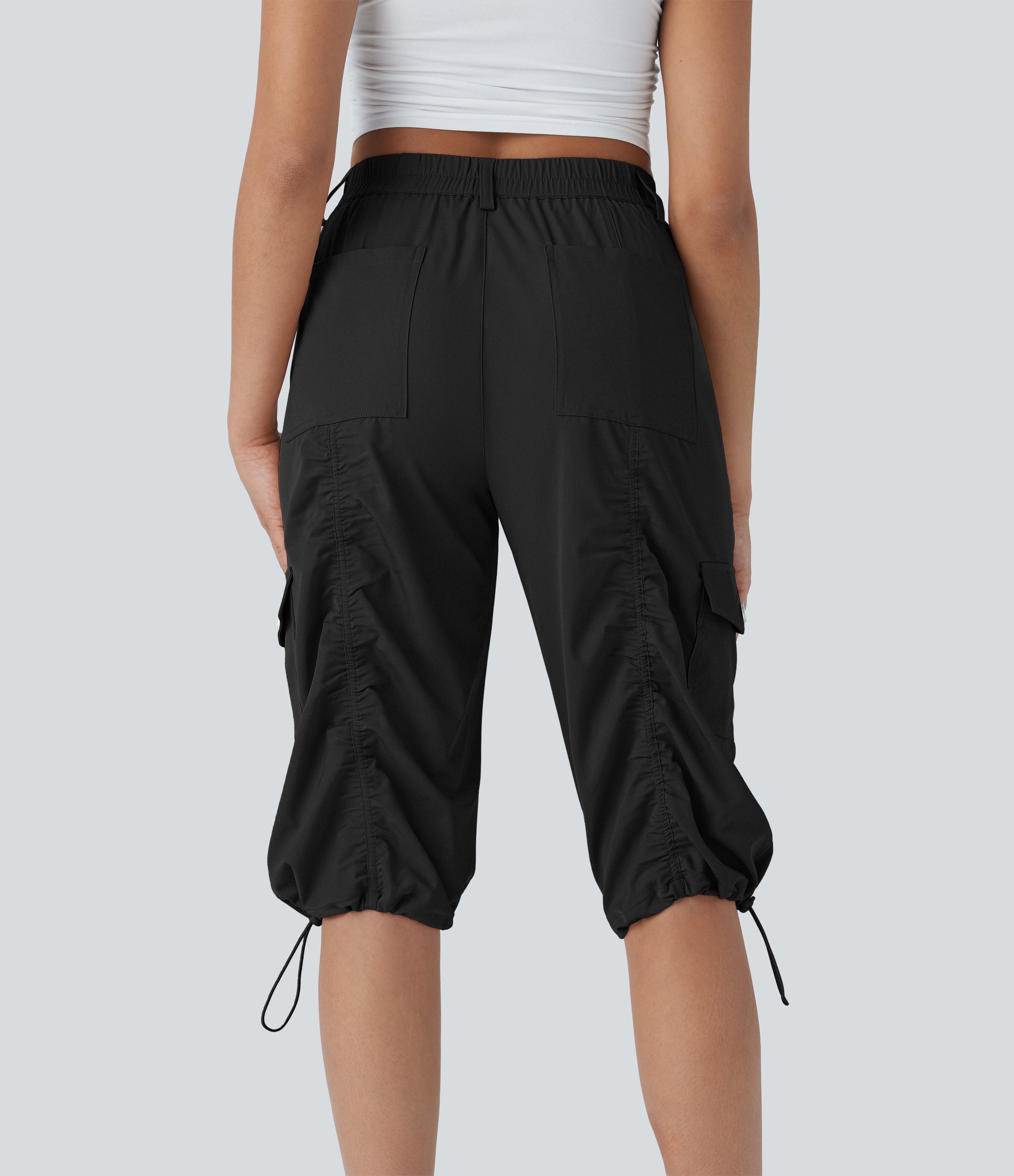 Mid-Rise Ruched Cargo Quick-Dry Casual Pedal Pusher Pants with Pockets