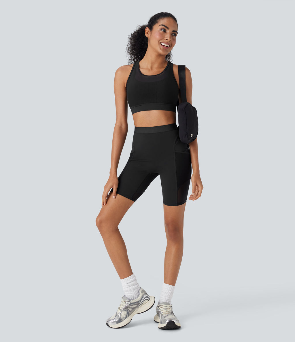 SpeedWaveTM High Waisted Contrast Mesh Quick Dry Training Biker Shorts 7'' with Pockets