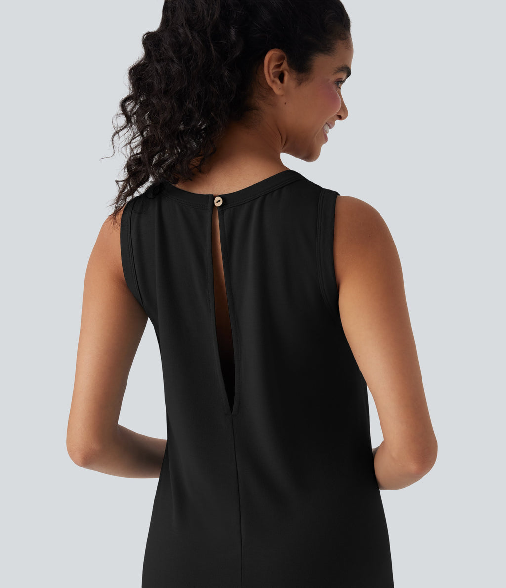 Round Neck Sleeveless Casual Jumpsuit with Pockets