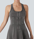 FlexTM Racerback Sleeveless Half Zipper Mini Washed Denim Casual Dress