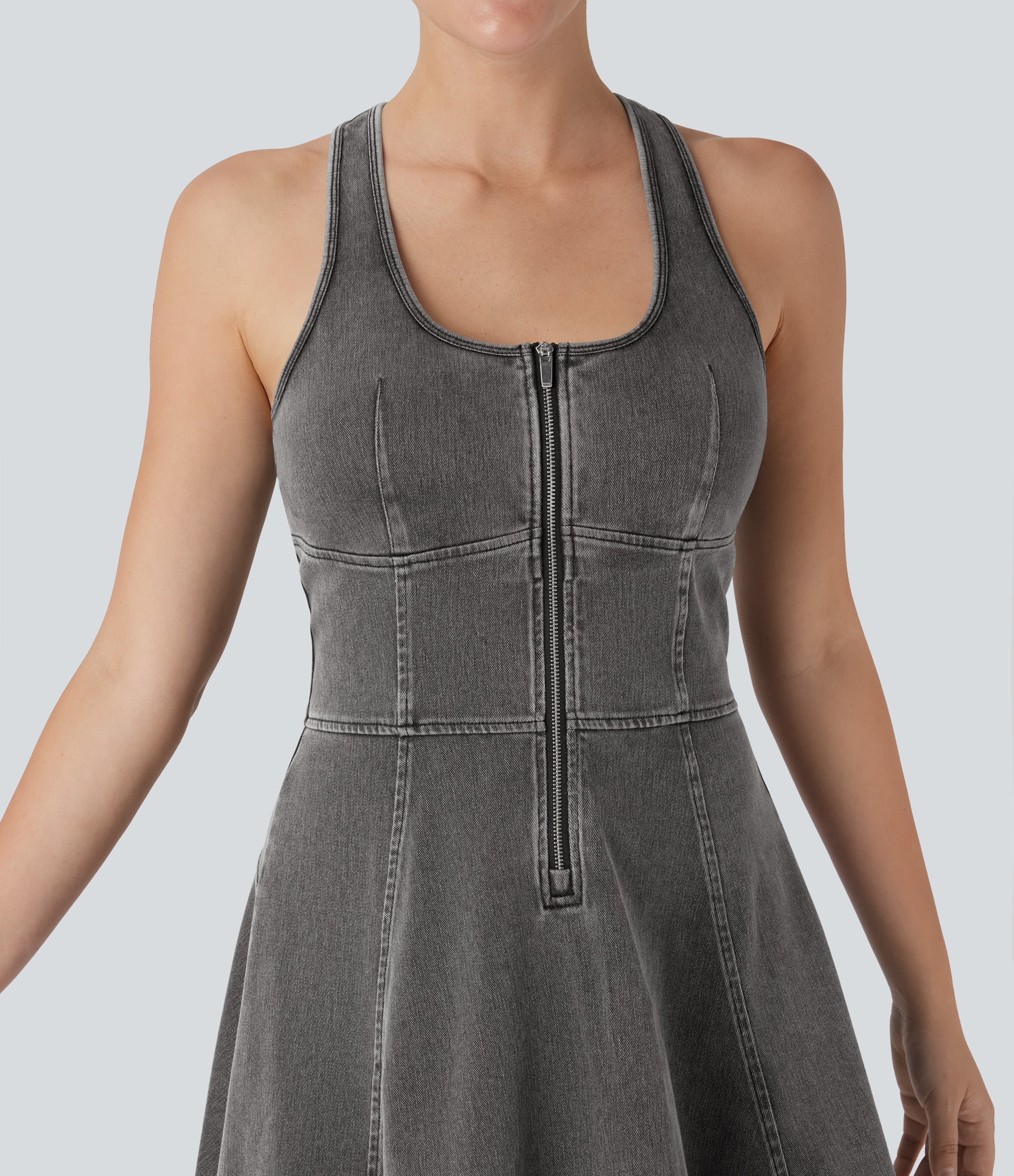 FlexTM Racerback Sleeveless Half Zipper Mini Washed Denim Casual Dress