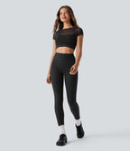 Halter Short Sleeve Contrast Mesh 2-in-1 Cropped Yoga Sports Top