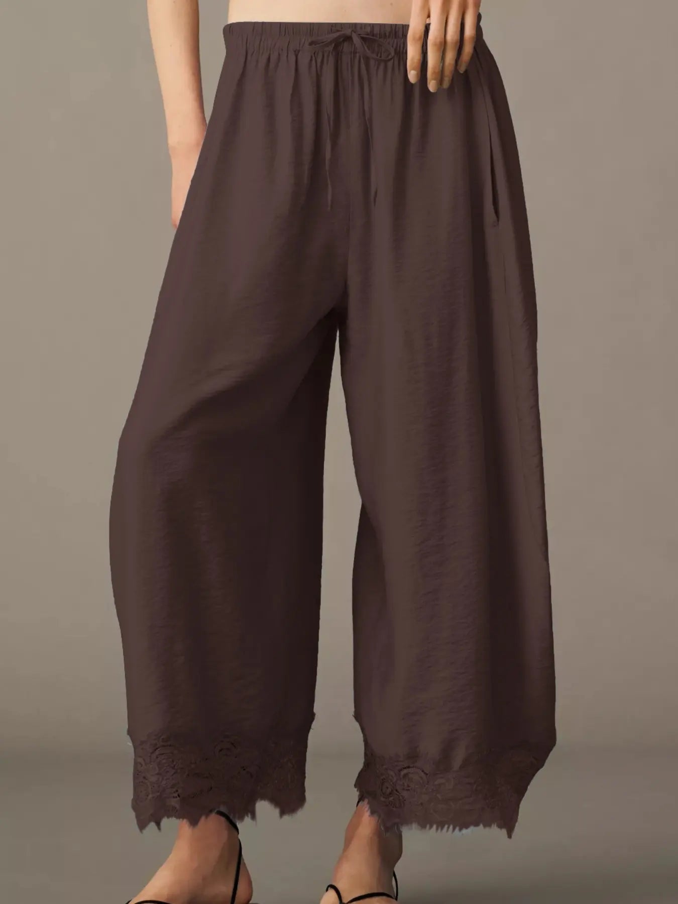 Women's Casual Pocket Elastic Waist Long Pants, Lace Patchwork Bottoms, Asymmetrical Hem, Summer Loose Wide-Leg Pants, Womenswear