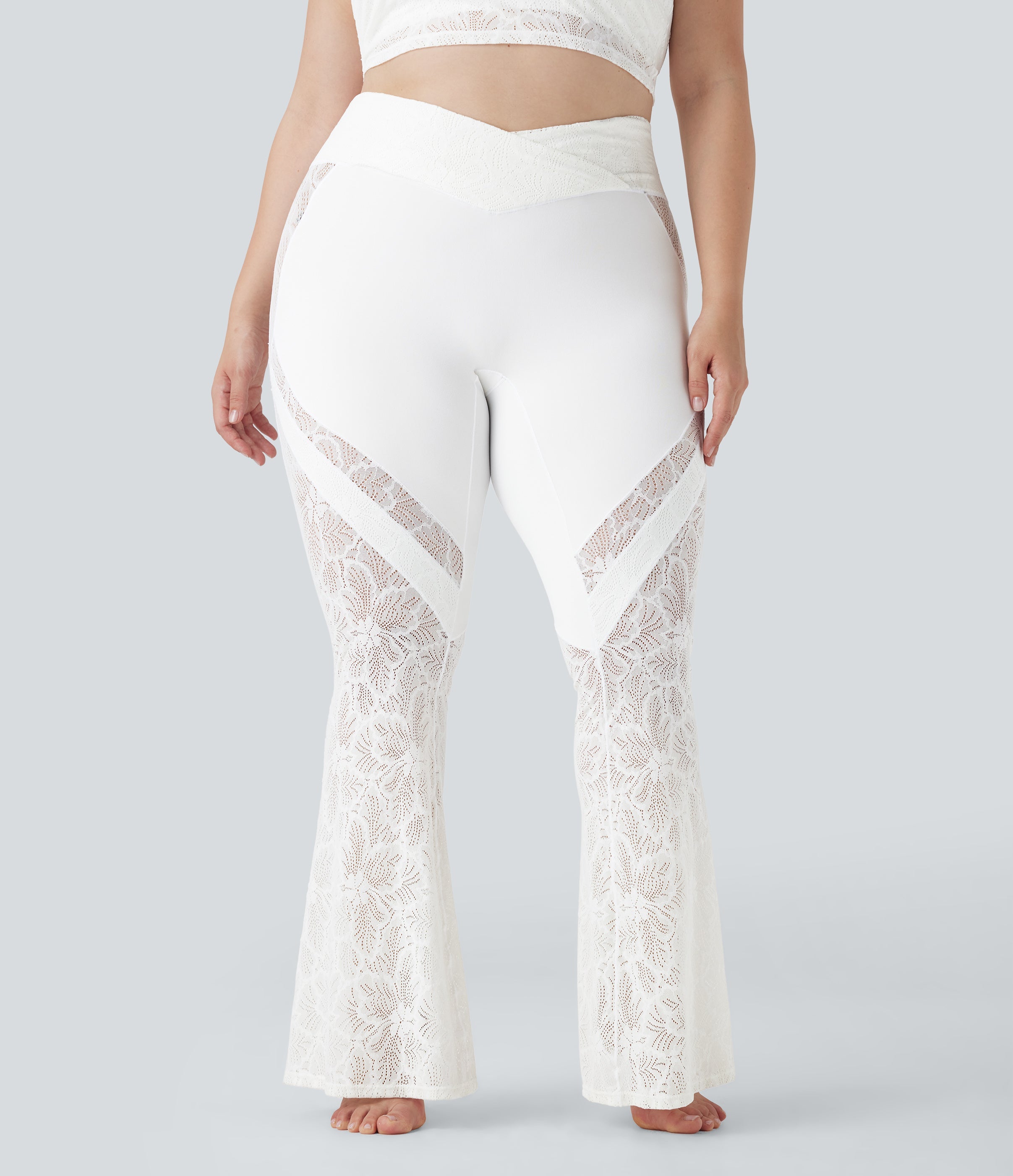 SoftlyZeroTM Crossover High Waisted Contrast Lace Yoga Plus Size Flare Leggings with Pocket