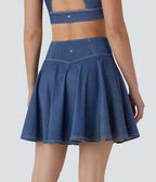 FlexTM High Waisted 2-in-1 Cool Touch Washed Stretchy Knit Denim Mini Tennis Skirt with Pockets