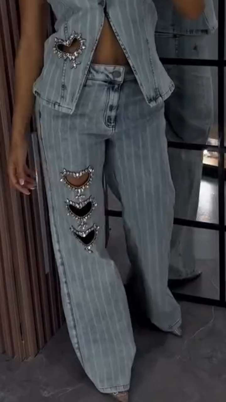 Women Round Neck Heart-shaped Hollow Hot Stamping Rhinestone Casual Denim Set
