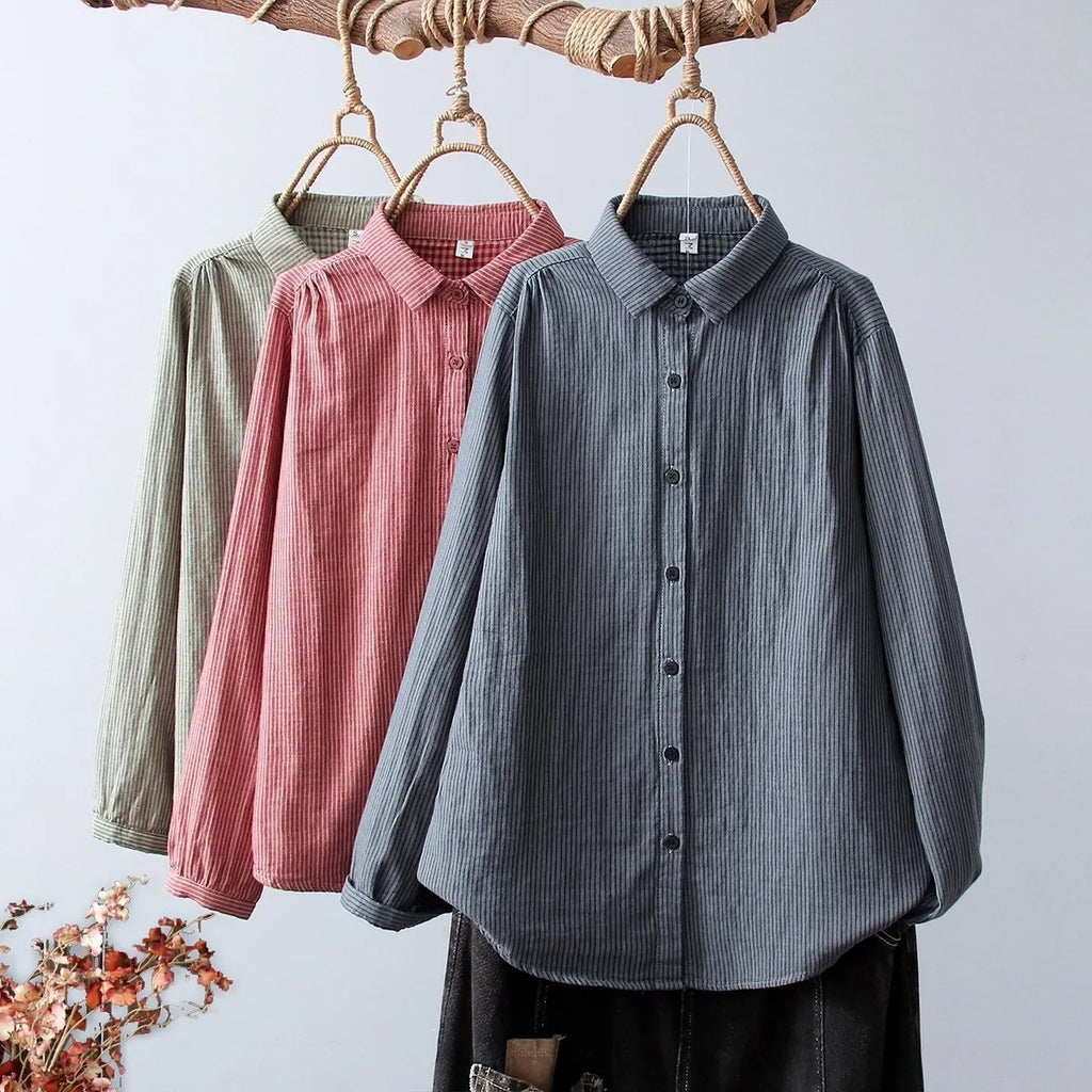 2025 New Women's Linen Cotton Casual Loose Stripe Shirt-Buy 3 Get Free Shipping