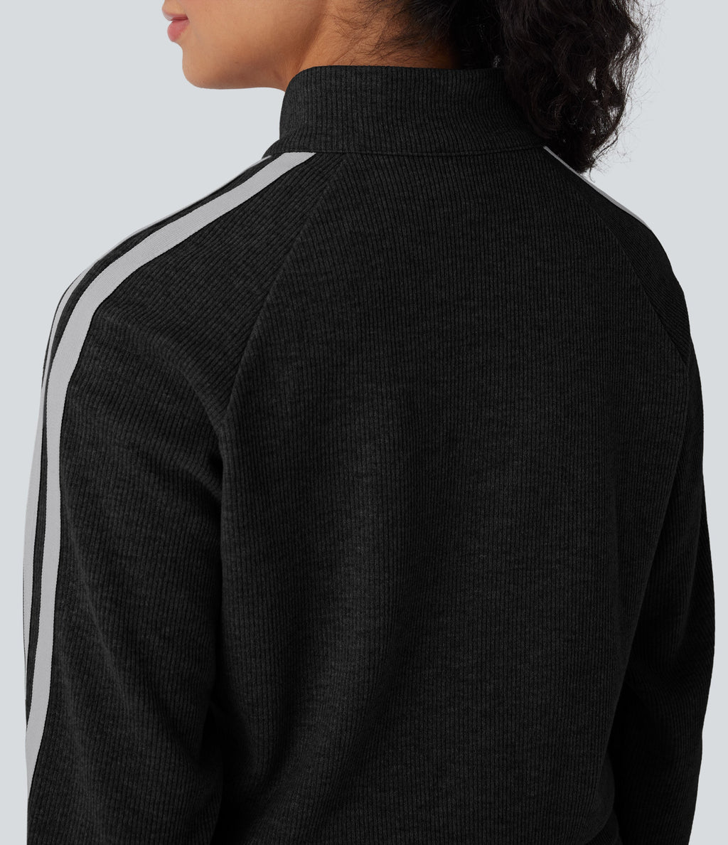 Ribbed Stand Collar Long Sleeve Zipper Color Block Casual Jacket with Pockets