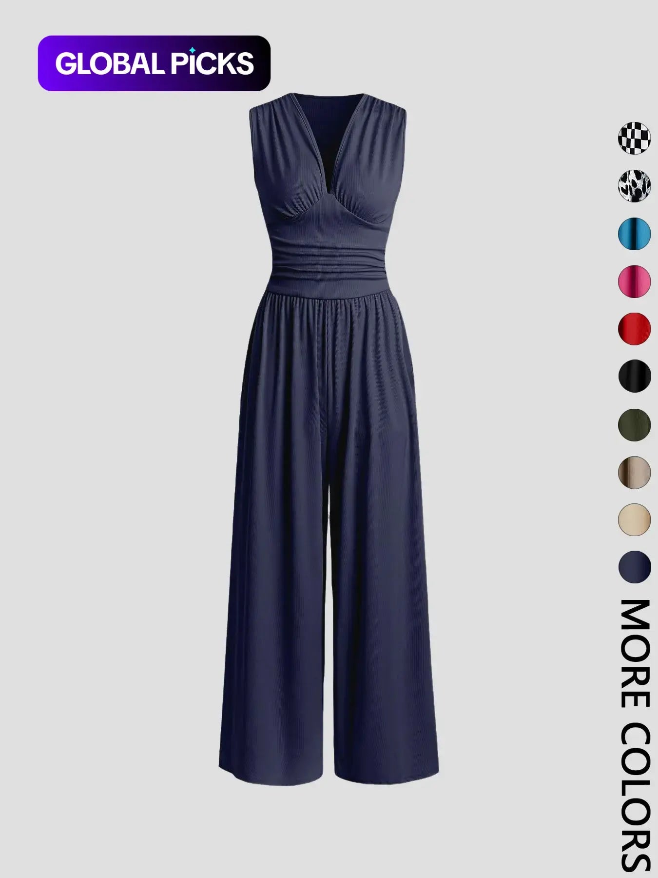 Women's Ruched Deep V Neck Wide Leg Jumpsuit