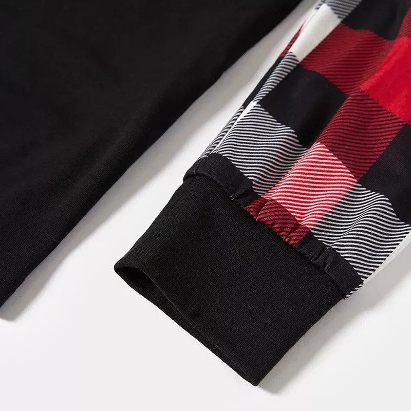 Christmas Family Matching Pajamas-Red and Gray Plaid Pjs set with "We Wish You A Merry Christmas" Artistic Font Slogan Print
